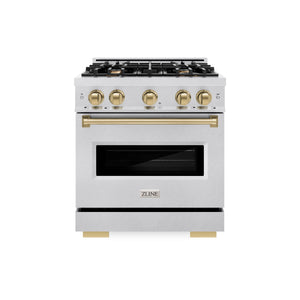 ZLINE - Autograph Edition 30 in. 4.2 cu. ft. Classic Gas Range with 4 Burner Cooktop and Convection Gas Oven in Satin Stainless Steel and Champagne Bronze Accents