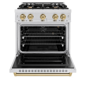 ZLINE - Autograph Edition 30 in. 4.2 cu. ft. Classic Gas Range with 4 Burner Cooktop and Convection Gas Oven in Satin Stainless Steel and Champagne Bronze Accents