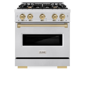 ZLINE - Autograph Edition 30 in. 4.2 cu. ft. Classic Gas Range with 4 Burner Cooktop and Convection Gas Oven in Satin Stainless Steel and Champagne Bronze Accents
