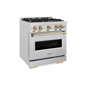 ZLINE - Autograph Edition 30 in. 4.2 cu. ft. Classic Gas Range with 4 Burner Cooktop and Convection Gas Oven in Satin Stainless Steel and Champagne Bronze Accents