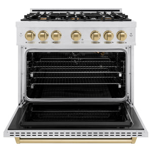 ZLINE - Autograph Edition 36 in. 5.2 cu. ft. Classic Gas Range with 6 Burner Cooktop and Convection Gas Oven in Satin Stainless Steel and Champagne Bronze Accents