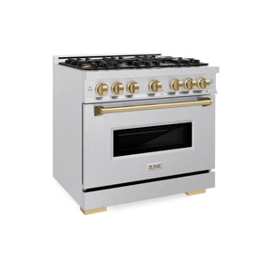 ZLINE - Autograph Edition 36 in. 5.2 cu. ft. Classic Gas Range with 6 Burner Cooktop and Convection Gas Oven in Satin Stainless Steel and Champagne Bronze Accents