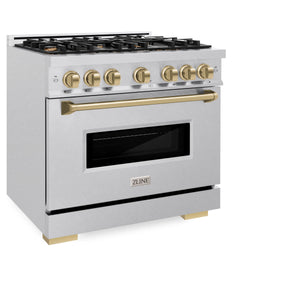 ZLINE - Autograph Edition 36 in. 5.2 cu. ft. Classic Gas Range with 6 Burner Cooktop and Convection Gas Oven in Satin Stainless Steel and Champagne Bronze Accents