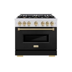 ZLINE - Autograph Edition 36 in. 5.2 cu. ft. Classic Gas Range with 6 Burner Cooktop and Convection Gas Oven in Satin Stainless Steel with Black Matte Door and Champagne Bronze Accents