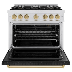 ZLINE - Autograph Edition 36 in. 5.2 cu. ft. Classic Gas Range with 6 Burner Cooktop and Convection Gas Oven in Satin Stainless Steel with Black Matte Door and Champagne Bronze Accents