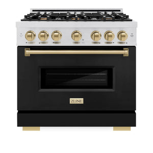 ZLINE - Autograph Edition 36 in. 5.2 cu. ft. Classic Gas Range with 6 Burner Cooktop and Convection Gas Oven in Satin Stainless Steel with Black Matte Door and Champagne Bronze Accents