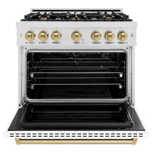 ZLINE - Autograph Edition 36 in. 5.2 cu. ft. Classic Gas Range with 6 Burner Cooktop and Convection Gas Oven in Satin Stainless Steel with White Matte Door and Champagne Bronze Accents