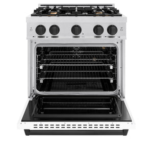 ZLINE - Autograph Edition 30 in. 4.2 cu. ft. Classic Gas Range with 4 Burner Cooktop and Convection Gas Oven in Satin Stainless Steel with White Matte Door and Matte Black Accents
