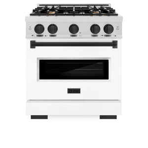ZLINE - Autograph Edition 30 in. 4.2 cu. ft. Classic Gas Range with 4 Burner Cooktop and Convection Gas Oven in Satin Stainless Steel with White Matte Door and Matte Black Accents