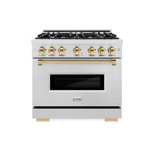 ZLINE - Autograph Edition 36 in. 5.2 cu. ft. Classic Gas Range with 6 Burner Cooktop and Convection Gas Oven in Satin Stainless Steel and Polished Gold Accents