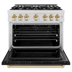 ZLINE - Autograph Edition 36 in. 5.2 cu. ft. Classic Gas Range with 6 Burner Cooktop and Convection Gas Oven in Satin Stainless Steel with Black Matte Door and Polished Gold Accents