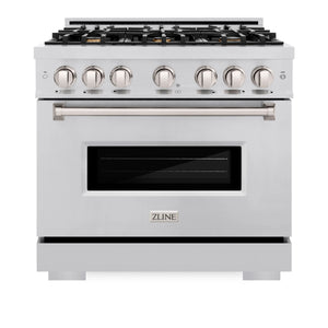 ZLINE - 36 in. 5.2 cu. ft. Classic Dual Fuel Range with Gas Cooktop and Electric Convection Oven in Stainless Steel with 6 Brass Burners