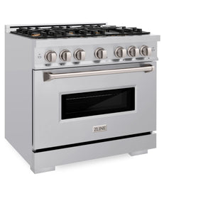 ZLINE - 36 in. 5.2 cu. ft. Classic Dual Fuel Range with Gas Cooktop and Electric Convection Oven in Stainless Steel with 6 Brass Burners