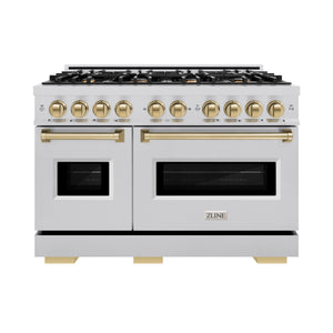 ZLINE - Autograph Edition 48 in. 6.7 cu. ft. Classic Double Oven Dual Fuel Range with 8 Burner Gas Cooktop in Stainless Steel and Champagne Bronze Accents