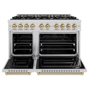 ZLINE - Autograph Edition 48 in. 6.7 cu. ft. Classic Double Oven Dual Fuel Range with 8 Burner Gas Cooktop in Stainless Steel and Champagne Bronze Accents