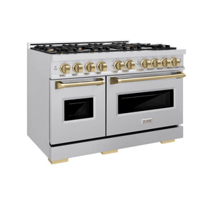 ZLINE - Autograph Edition 48 in. 6.7 cu. ft. Classic Double Oven Dual Fuel Range with 8 Burner Gas Cooktop in Stainless Steel and Champagne Bronze Accents