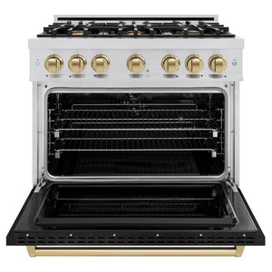 ZLINE - Autograph Edition 36 in. 5.2 cu. ft. Classic Dual Fuel Range with 6 Burner Gas Cooktop and Electric Convection Oven in Stainless Steel with Black Matte Door and Champagne Bronze Accents