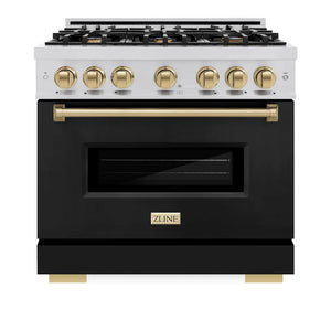 ZLINE - Autograph Edition 36 in. 5.2 cu. ft. Classic Dual Fuel Range with 6 Burner Gas Cooktop and Electric Convection Oven in Stainless Steel with Black Matte Door and Champagne Bronze Accents