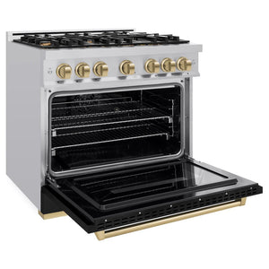 ZLINE - Autograph Edition 36 in. 5.2 cu. ft. Classic Dual Fuel Range with 6 Burner Gas Cooktop and Electric Convection Oven in Stainless Steel with Black Matte Door and Champagne Bronze Accents