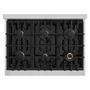 ZLINE - Autograph Edition 36 in. 5.2 cu. ft. Classic Dual Fuel Range with 6 Burner Gas Cooktop and Electric Convection Oven in Stainless Steel with Black Matte Door and Champagne Bronze Accents