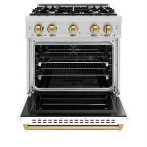 ZLINE - Autograph Edition 30 in. 4.2 cu. ft. Classic Dual Fuel Range with 4 Burner Gas Cooktop and Electric Convection Oven in Stainless Steel with White Matte Door and Champagne Bronze Accents