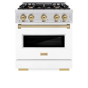 ZLINE - Autograph Edition 30 in. 4.2 cu. ft. Classic Dual Fuel Range with 4 Burner Gas Cooktop and Electric Convection Oven in Stainless Steel with White Matte Door and Champagne Bronze Accents