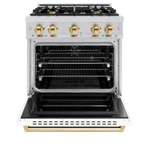 ZLINE - Autograph Edition 30 in. 4.2 cu. ft. Classic Dual Fuel Range with 4 Burner Gas Cooktop and Electric Convection Oven in Stainless Steel with White Matte Door and Polished Gold Accents