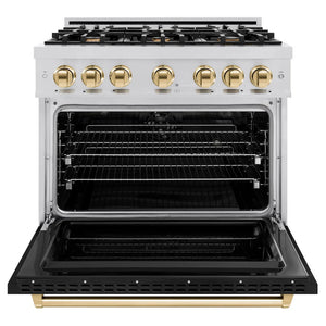 ZLINE - Autograph Edition 36 in. 5.2 cu. ft. Classic Dual Fuel Range with 6 Burner Gas Cooktop and Electric Convection Oven in Stainless Steel with Black Matte Door and Polished Gold Accents