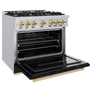 ZLINE - Autograph Edition 36 in. 5.2 cu. ft. Classic Dual Fuel Range with 6 Burner Gas Cooktop and Electric Convection Oven in Stainless Steel with Black Matte Door and Polished Gold Accents