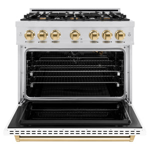 ZLINE - Autograph Edition 36 in. 5.2 cu. ft. Classic Gas Range with 6 Burner Cooktop and Convection Gas Oven in Stainless Steel with White Matte Door and Polished Gold Accents