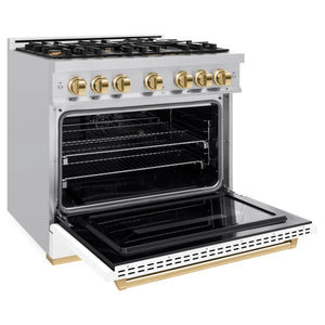 ZLINE - Autograph Edition 36 in. 5.2 cu. ft. Classic Gas Range with 6 Burner Cooktop and Convection Gas Oven in Stainless Steel with White Matte Door and Polished Gold Accents