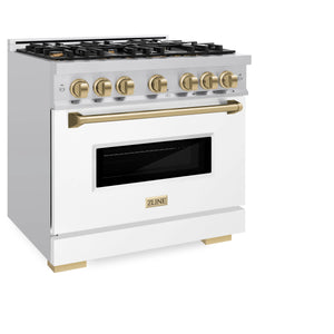 ZLINE - Autograph Edition 36 in. 5.2 cu. ft. Classic Gas Range with 6 Burner Cooktop and Convection Gas Oven in Stainless Steel with White Matte Door and Champagne Bronze Accents