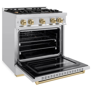 ZLINE - Autograph Edition 30 in. 4.2 cu. ft. Classic Gas Range with 4 Burner Cooktop and Convection Gas Oven in Stainless Steel and Champagne Bronze Accents