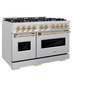 ZLINE - Autograph Edition 48 in. 6.7 cu. ft. Classic Double Oven Gas Range with 8 Burner Cooktop in Stainless Steel and Champagne Bronze Accents