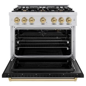 ZLINE - Autograph Edition 36 in. 5.2 cu. ft. Classic Gas Range with 6 Burner Cooktop and Convection Gas Oven in Stainless Steel with Black Matte Door and Champagne Bronze Accents