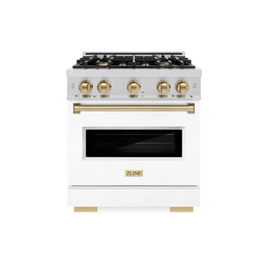 ZLINE - Autograph Edition 30 in. 4.2 cu. ft. Classic Gas Range with 4 Burner Cooktop and Convection Gas Oven in Stainless Steel with White Matte Door and Champagne Bronze Accents