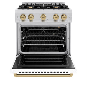 ZLINE - Autograph Edition 30 in. 4.2 cu. ft. Classic Gas Range with 4 Burner Cooktop and Convection Gas Oven in Stainless Steel with White Matte Door and Champagne Bronze Accents