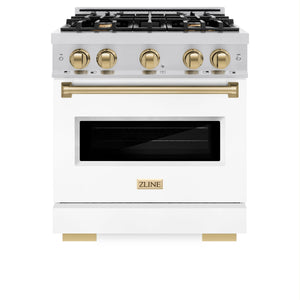 ZLINE - Autograph Edition 30 in. 4.2 cu. ft. Classic Gas Range with 4 Burner Cooktop and Convection Gas Oven in Stainless Steel with White Matte Door and Champagne Bronze Accents