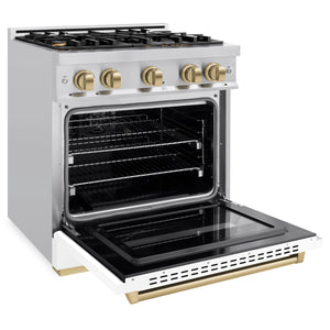 ZLINE - Autograph Edition 30 in. 4.2 cu. ft. Classic Gas Range with 4 Burner Cooktop and Convection Gas Oven in Stainless Steel with White Matte Door and Champagne Bronze Accents