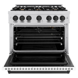 ZLINE - Autograph Edition 36 in. 5.2 cu. ft. Classic Gas Range with 6 Burner Cooktop and Convection Gas Oven in Stainless Steel with White Matte Door and Matte Black Accents