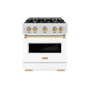 ZLINE - Autograph Edition 30 in. 4.2 cu. ft. Classic Gas Range with 4 Burner Cooktop and Convection Gas Oven in Satin Stainless Steel with White Matte Door and Champagne Bronze Accents