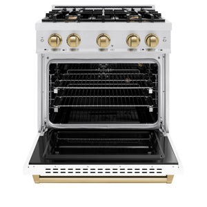 ZLINE - Autograph Edition 30 in. 4.2 cu. ft. Classic Gas Range with 4 Burner Cooktop and Convection Gas Oven in Satin Stainless Steel with White Matte Door and Champagne Bronze Accents