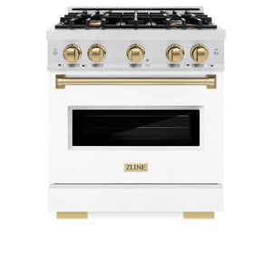 ZLINE - Autograph Edition 30 in. 4.2 cu. ft. Classic Gas Range with 4 Burner Cooktop and Convection Gas Oven in Satin Stainless Steel with White Matte Door and Champagne Bronze Accents