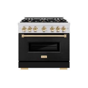 ZLINE - Autograph Edition 36 in. 5.2 cu. ft. Classic Gas Range with 6 Burner Cooktop and Convection Gas Oven in Stainless Steel with Black Matte Door and Polished Gold Accents