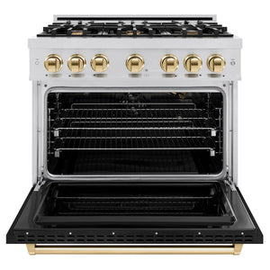 ZLINE - Autograph Edition 36 in. 5.2 cu. ft. Classic Gas Range with 6 Burner Cooktop and Convection Gas Oven in Stainless Steel with Black Matte Door and Polished Gold Accents