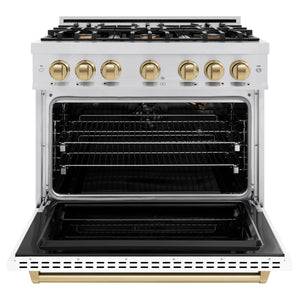 ZLINE - Autograph Edition 36 in. 5.2 cu. ft. Classic Gas Range with 6 Burner Cooktop and Convection Gas Oven in Stainless Steel with White Matte Door and Champagne Bronze Accents