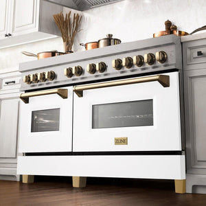ZLINE - Autograph Edition 60 in. 7.4 cu. ft. Legacy Dual Fuel Range with 9 Burner Gas Cooktop and 2 Electric Convection Ovens in Stainless Steel with White Matte Doors and Polished Gold Accents