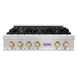 ZLINE - Autograph Edition 36 in. Legacy Gas Rangetop with 6 Burners and Porcelain Cooktop in Satin Stainless Steel with Polished Gold Accents