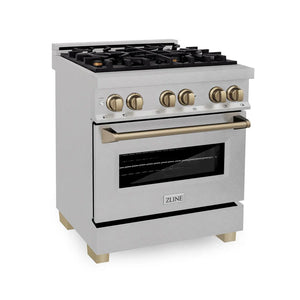 ZLINE - Autograph Edition 30 in. 4.0 cu. ft. Legacy Dual Fuel Range with 4 Burner Gas Cooktop and Electric Convection Oven in Satin Stainless Steel and Champagne Bronze Accents