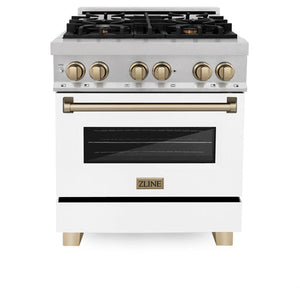 ZLINE - Autograph Edition 30 in. 4.0 cu. ft. Legacy Dual Fuel Range with 4 Burner Gas Cooktop and Electric Convection Oven in Satin Stainless Steel with White Matte Door and Champagne Bronze Accents